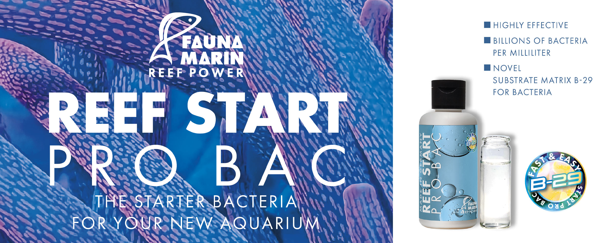 Product graphic “Fauna Marin Reef Start Pro Bac”, starter bacteria for new aquariums, showing bottle, vial, and notes on high bacterial concentration.