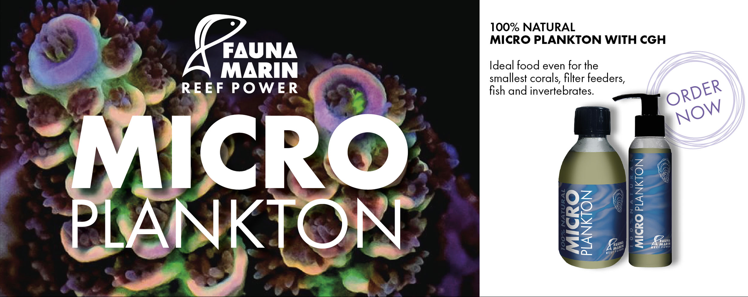 Product graphic “Fauna Marin Micro Plankton”, natural micro plankton for corals, fish, and invertebrates, featuring coral imagery, product bottles, and a “order now” label.
