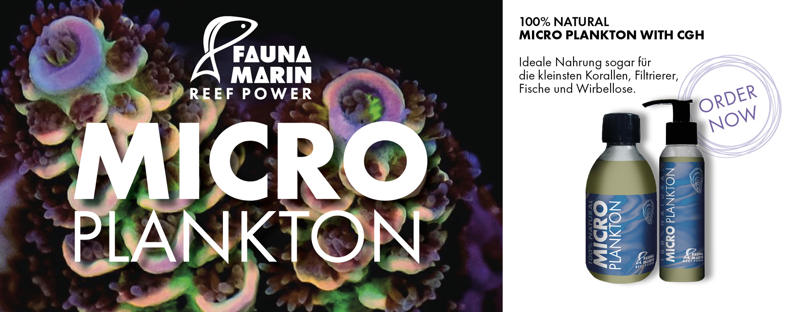 Produktgrafik „Fauna Marin Micro Plankton“, natürliches Mikroplankton für Korallen, Fische und Wirbellose, mit Korallenmotiv, Produktflaschen und „order now“-Hinweis.